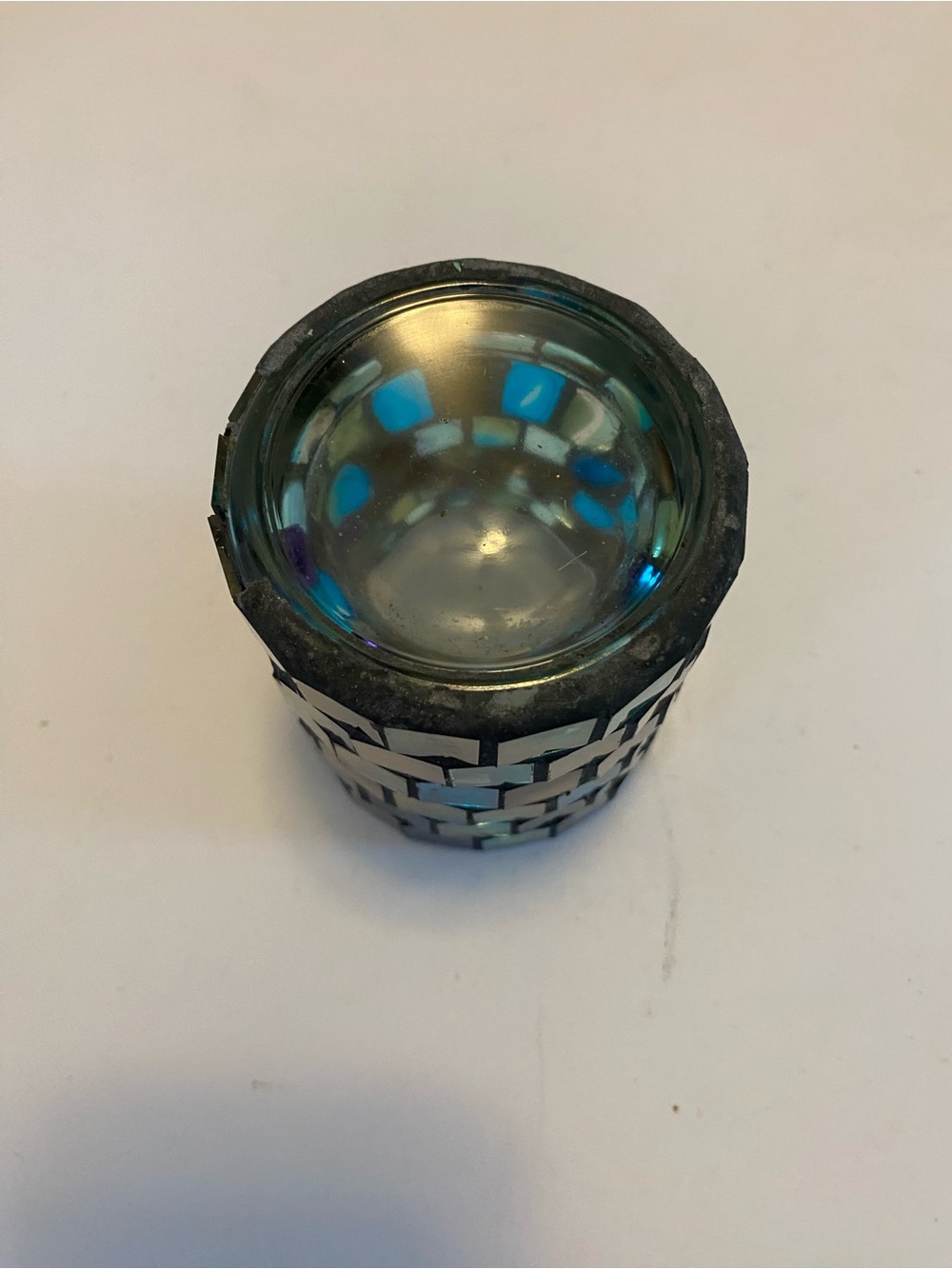Mosaic candle holder 3.5”x 3” blue, Tan , Teal Multi Colored Glass Votive - Picture 5 of 7